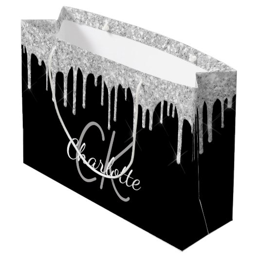 モダンでエレガントな黒のシルバー モノグラム 名前 ラージペーパーバッグ (裏面アングル)