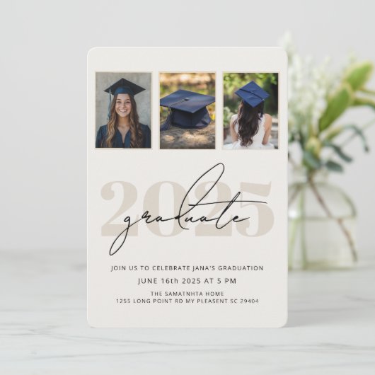 モダンでエレガントな3枚の写真を使った卒業招待状 招待状 (スタンド正面)