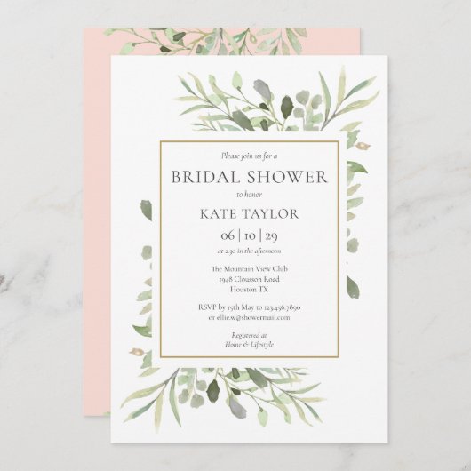 モダンでエレガントな ブッシュピンクとグリーンの ブライダルシャワー招待状 招待状 (正面/裏面)
