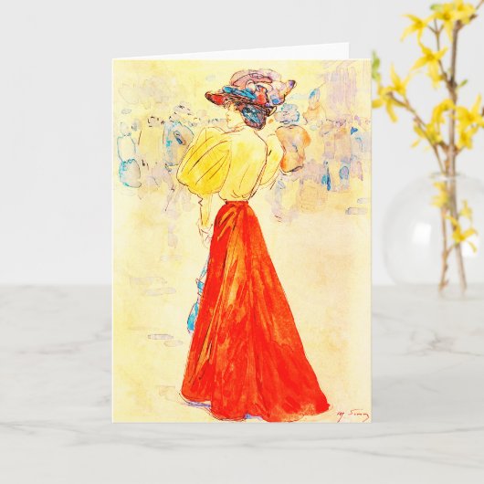 モダンでエレガントな、ヘンリー・ソムによる赤いスカートの女性 カード (黄色い花)