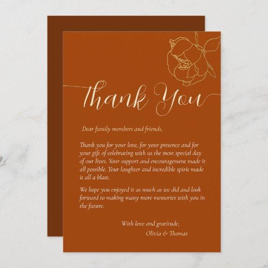 モダンでエレガントな ラストブラウン 秋のウェディング サンクス 招待状 (正面/裏面)
