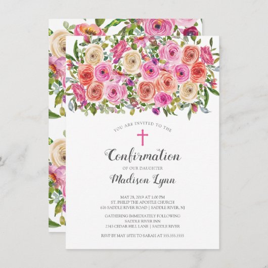 モダンでカラフルなピンクの花の確認 招待状 (正面/裏面)