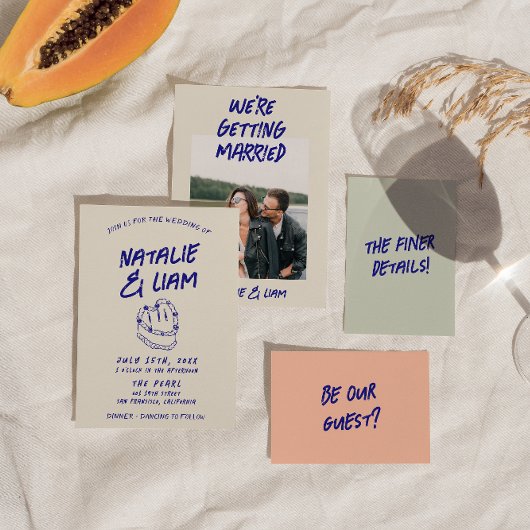 モダンでカラフルな手描きケーキ レトロで楽しいウェディング 招待状