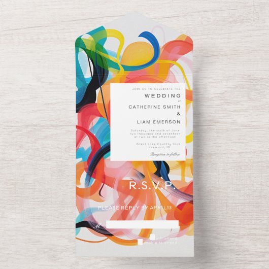 モダンでカラフルな抽象アートのウェディングデザイン オールインワン招待状 (内側)