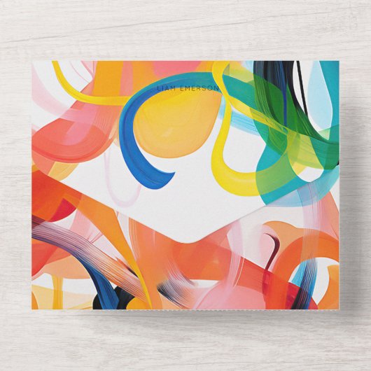 モダンでカラフルな抽象アートのウェディングデザイン オールインワン招待状 (裏面)