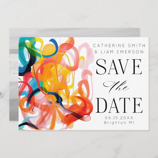 モダンでカラフルな抽象アートの「Save the Date」 セーブザデート (正面/裏面)