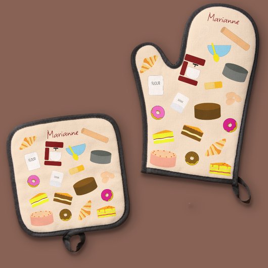 モダンでカラフルな焼き菓子と調理器具 鍋つかみ&鍋敷きセット