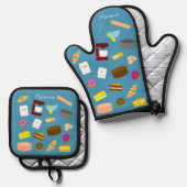モダンでカラフルな焼き菓子と調理器具 鍋つかみ&鍋敷きセット (正面/裏面)