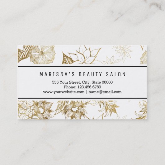 モダンでガーリーなイエロー・ゴールドの花柄のイラストレーション 名刺 (裏面)