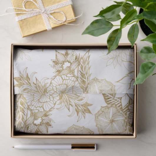 モダンでガーリーなイエロー・ゴールドの花柄のイラストレーション 薄葉紙 (ギフト)