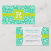 モダンでガーリーな花のティール(緑がかった色)及びパーソナライズなライムグリーン 名刺 (正面/裏面)