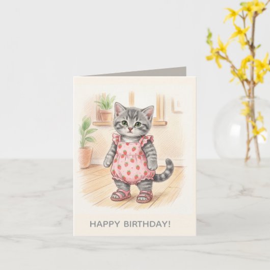 モダンでキュートなピンクの子猫のデザイン　子供の誕生日 カード (黄色い花)