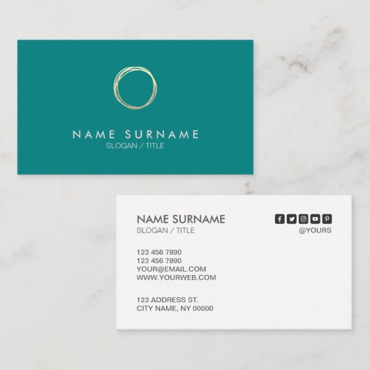 モダンでシックでミニマルな金ゴールドの円のティール（緑がかった色）の名刺 名刺 (正面/裏面)