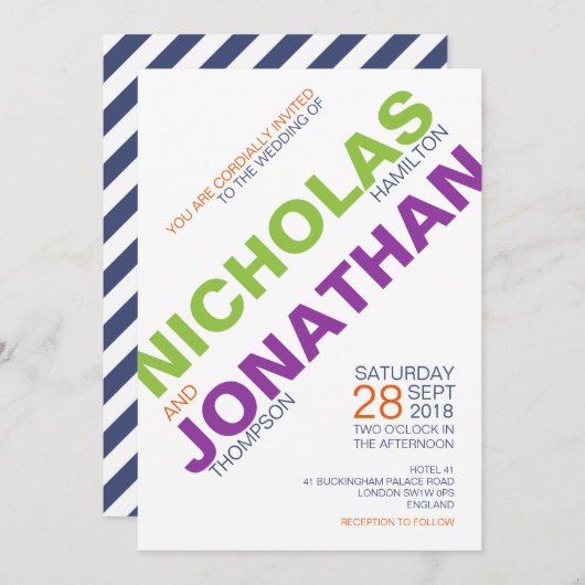 モダンでシックなタイポグラフィのゲイの結婚式招待状 招待状 (正面/裏面)