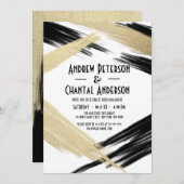 モダンでシックなブラックゴールドの筆致エンゲージメント 招待状 (正面/裏面)