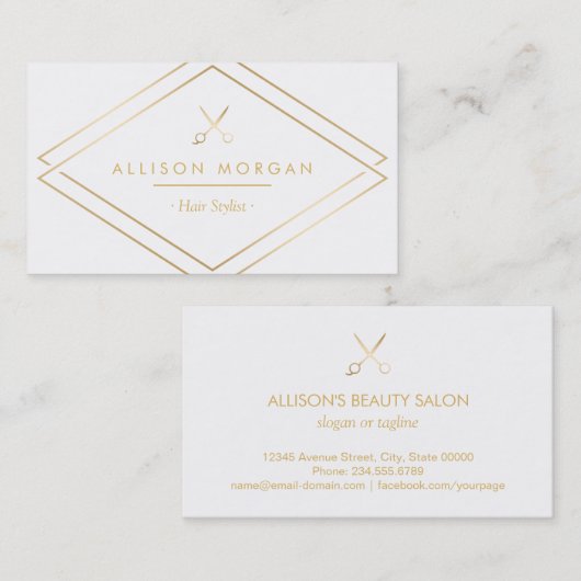 モダンでシックなヘアーサロンのはさみのフェイクな金ゴールドの一見 名刺 (正面/裏面)