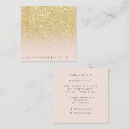 モダンでシックな金ゴールドのグリッターのグラデーションな化粧のプロフェッショナル スクエア名刺 (正面/裏面)