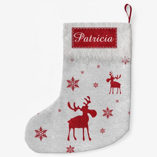 モダンでシンプルで赤いアメリカヘラジカの雪片 スモールクリスマスストッキング (裏面)