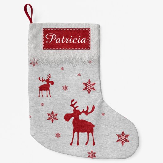 モダンでシンプルで赤いアメリカヘラジカの雪片 スモールクリスマスストッキング (正面)