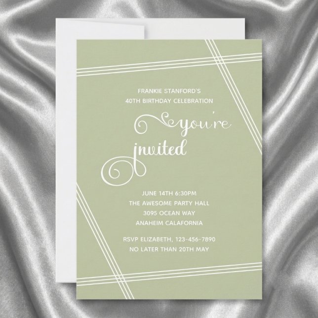 モダンでシンプルなエレガントな40歳の誕生日パーティーの招待状 (40th birthday sage green invite. Grey silk background.)