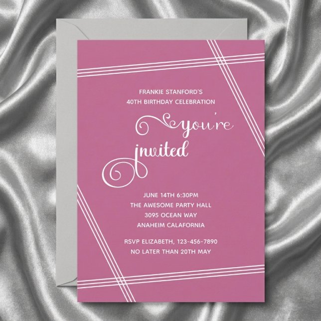 モダンでシンプルなエレガントな40歳の誕生日パーティーの招待状 (Pink 40th birthday invite. Grey silk background.)