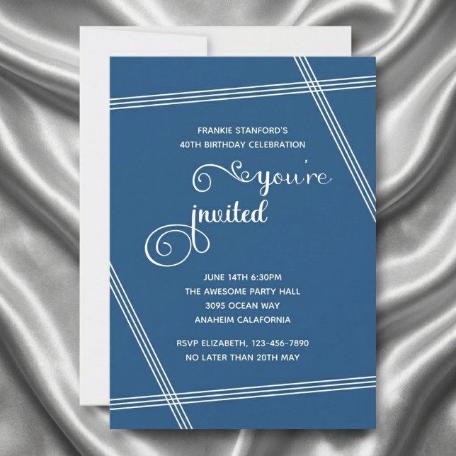 モダンでシンプルなエレガントな40歳の誕生日パーティーの招待状 (40th birthday blue invite. Grey silk background.)