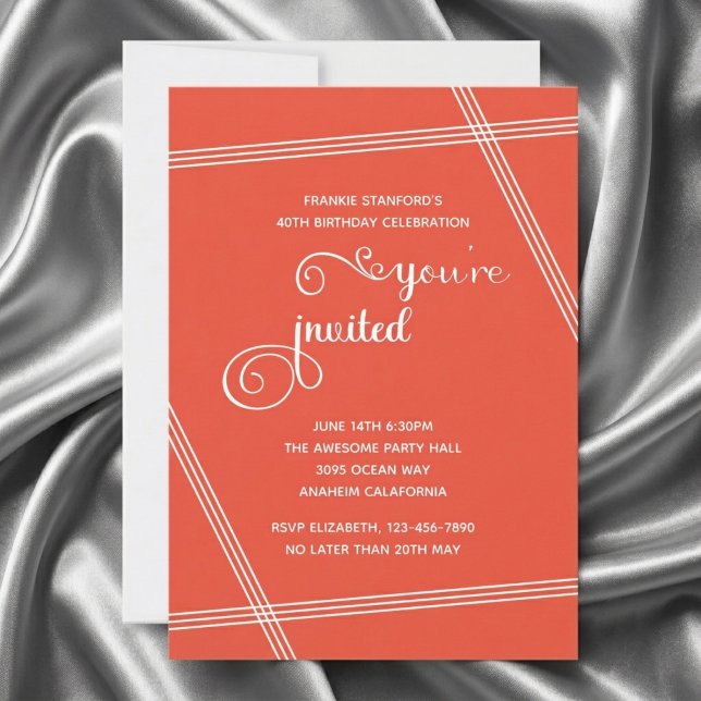 モダンでシンプルなエレガントな40歳の誕生日パーティーの招待状 (Orange 40th Birthday invite. Grey silk background.)