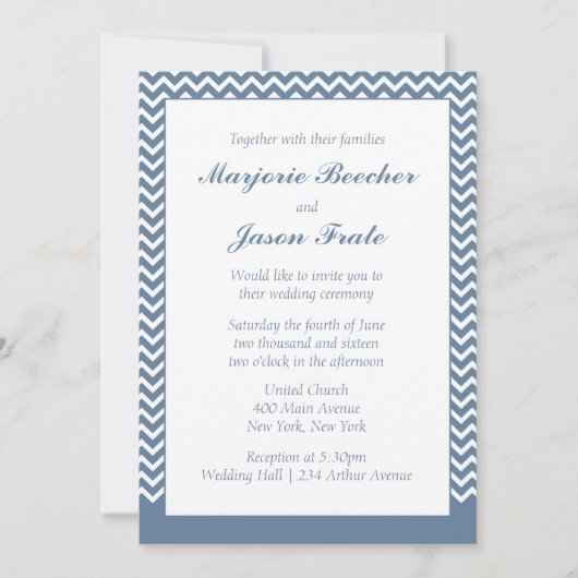 モダンでシンプルなシェブロンの結婚式招待状の海の青 招待状 (正面)