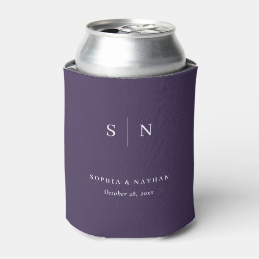 モダンでシンプルなダークパープルの結婚式 缶クーラー (缶正面)
