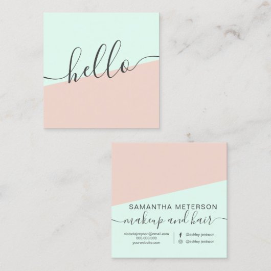 モダンでシンプルなパステル調の真新しい赤面のピンクのガーリーなこんにちは スクエア名刺 (正面/裏面)