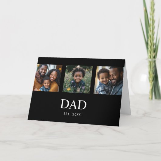モダンでシンプルなブラックの「Dad Established」3枚の写真 カード (正面)