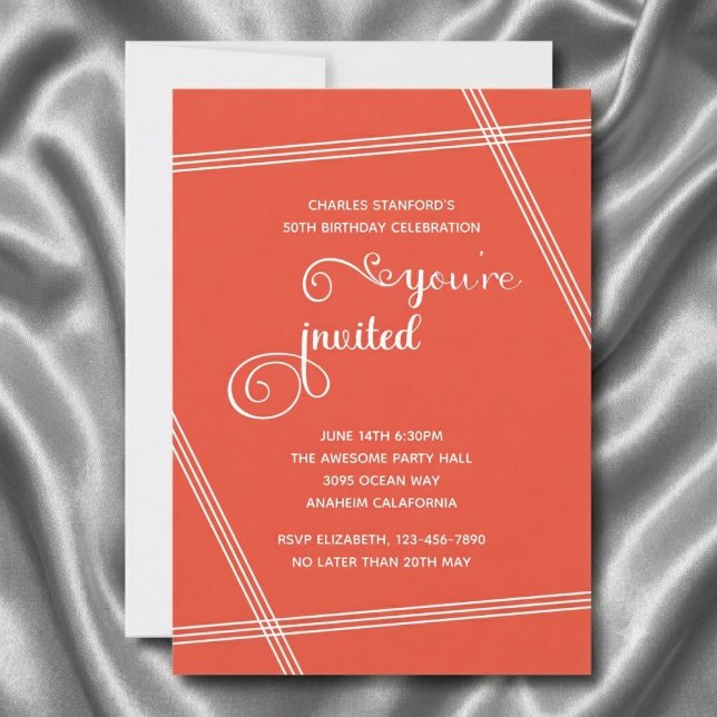 モダンでシンプルな上品な50歳の誕生日パーティーの招待状 (50th birthday invitation on silver silk cloth)