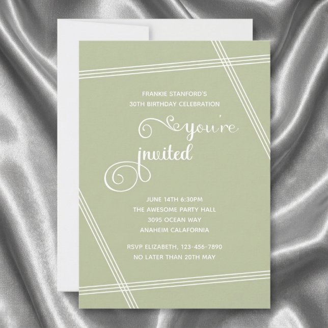 モダンでシンプルな大人っぽい30歳の誕生日パーティーの招待状 (Sage Green 30th birthday invitation. Grey silk background.)