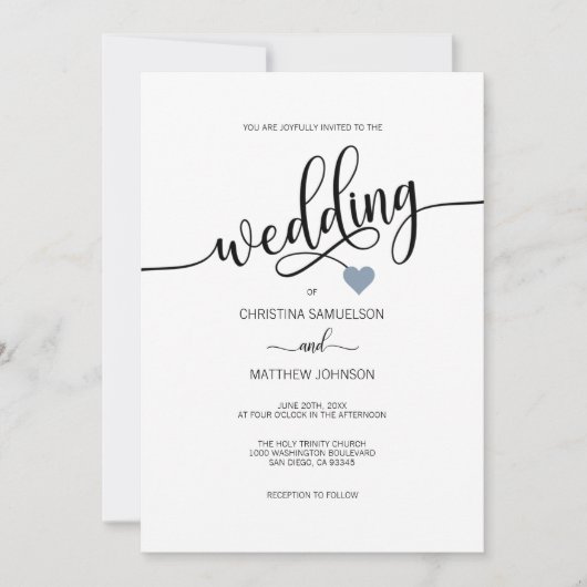 モダンでシンプルな白黒の挨りだらけの青いハートの結婚 招待状 (正面)