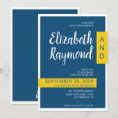 モダンでシンプルな青と黄色のミニマルウェディング 招待状 (正面/裏面)