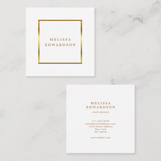 モダンでスタイリッシュでエレガントな白および金ゴールドのプロフェッショナル スクエア名刺 (正面/裏面)