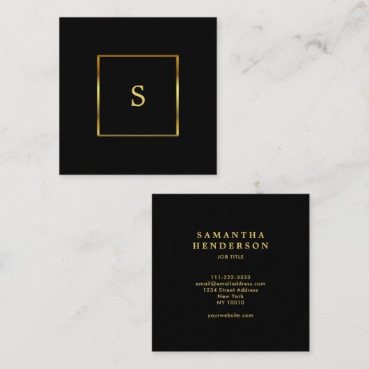 モダンでスタイリッシュで黒い金ゴールドのプロフェッショナルのモノグラム スクエア名刺 (正面/裏面)