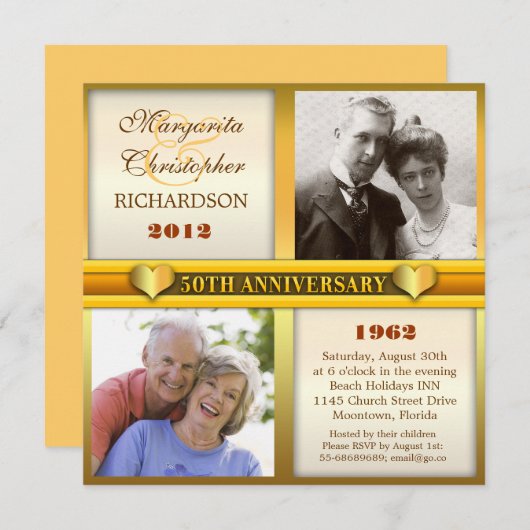 モダンでスタイリッシュなゴールドの50周年記念招待状 招待状 (正面/裏面)