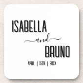 モダンでスタイリッシュなブラックパーソナライズテキストウェディング コースター (正面)