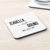 モダンでスタイリッシュなブラックパーソナライズドテキストウェディング コースター (左側)