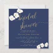 モダンでスタイリッシュな白い蘭のネイビー ブライダルシャワー 招待状 (正面)