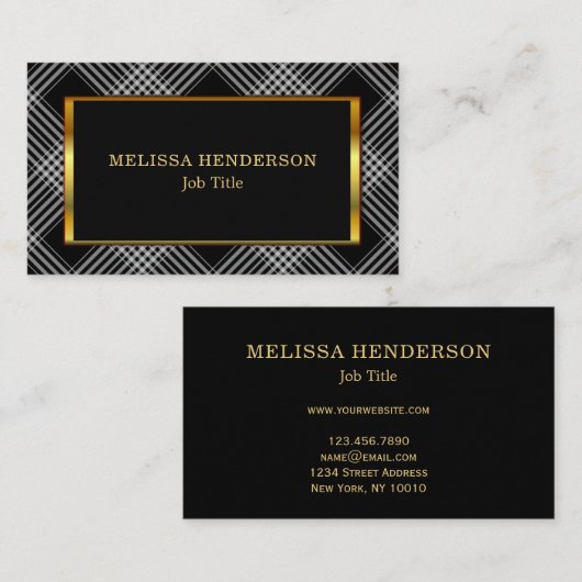 モダンでスタイリッシュな金ゴールドフレームの黒のチェック模様のパターン 名刺 (正面/裏面)