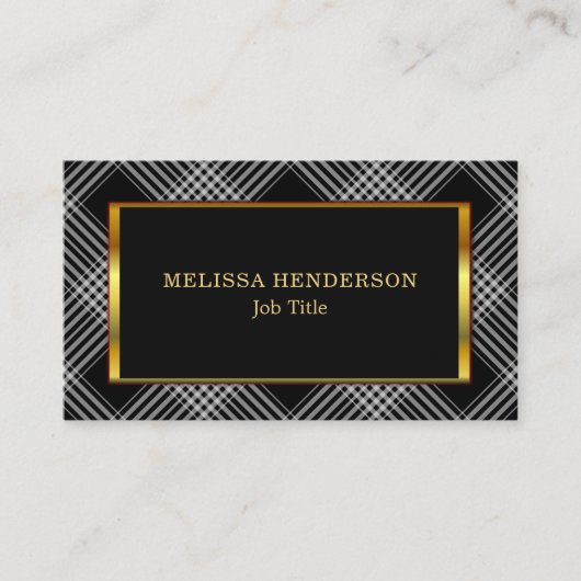 モダンでスタイリッシュな金ゴールドフレームの黒のチェック模様のパターン 名刺 (正面)