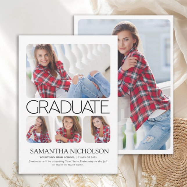モダンでスタイリッシュな5枚の卒業写真 (Modern white 5-photo graduation announcement)