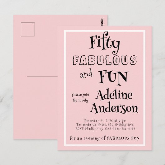 モダンでファビュラスなピンクの50歳の誕生日パーティー ポストカード (正面/裏面)
