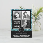 モダンでフェイクな水の青いグリッターの女の子3の写真の卒業 招待状 (スタンド正面)