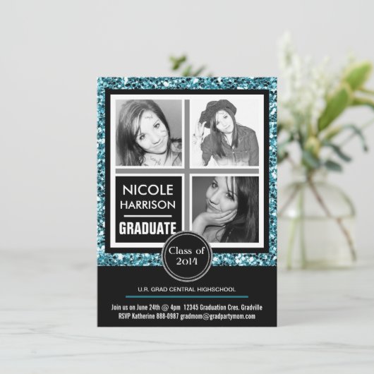 モダンでフェイクな水の青いグリッターの女の子3の写真の卒業 招待状 (スタンド正面)