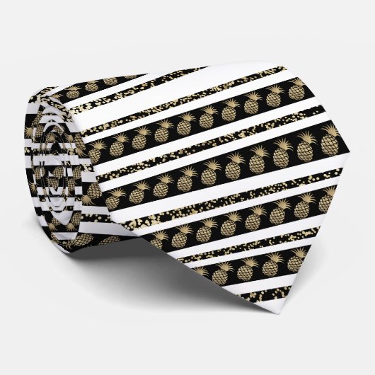 モダンでフェイクな金ゴールドの黒の紙吹雪のパイナップルストライブ柄 ネクタイ (ロール)