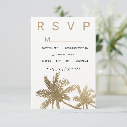 モダンでフェイクな金色やし自由章の木RSVPの結婚式 出欠カード (スタンド正面)
