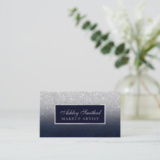モダンでフェイクな銀製のグリッターの濃紺のグラデーションな化粧 名刺 (スタンド正面)